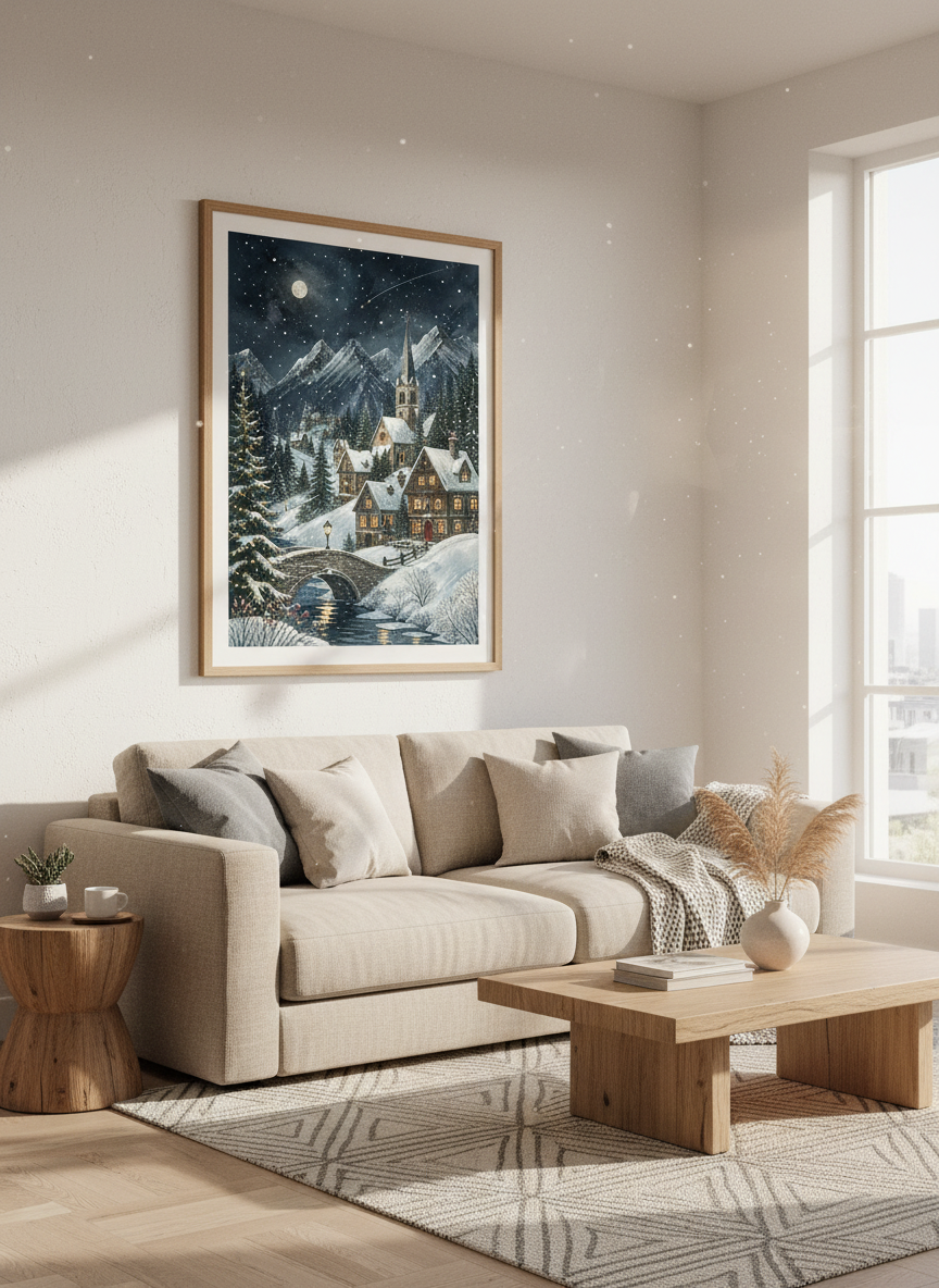 Winter Village Mountain Wall Art | Snowy Night Watercolor Print, Alpine Cabin Decor