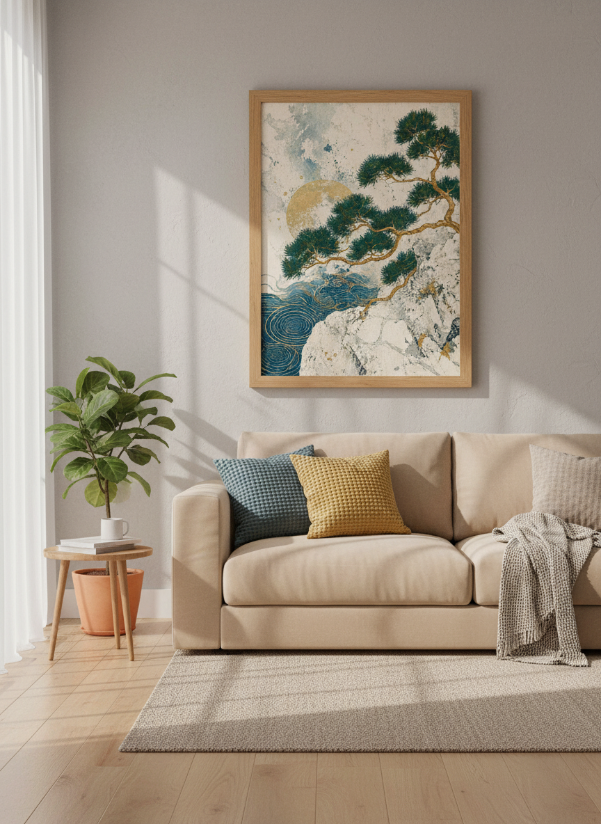 Japanese Pine Tree Wall Art Print | Teal & Gold Nature Decor | Zen Landscape Poster