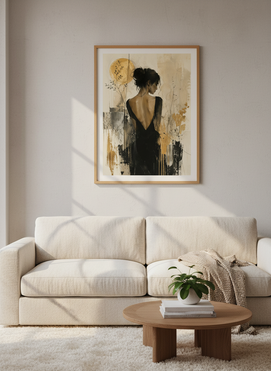 Woman in Black Dress Wall Art | Gold Abstract Portrait, Modern Aesthetic Poster