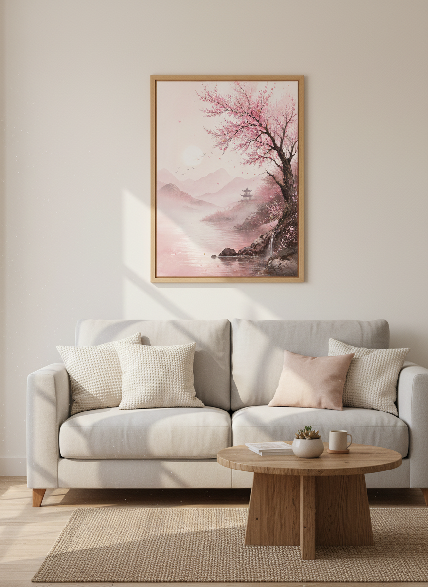 Cherry Blossom Landscape | Pink Japanese Watercolor Art, Zen Bedroom Decor