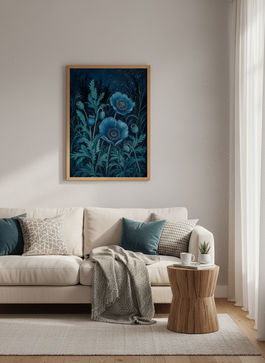 Blue Poppy Flowers | Dark Botanical Midnight Garden, Moody Bedroom Decor Art