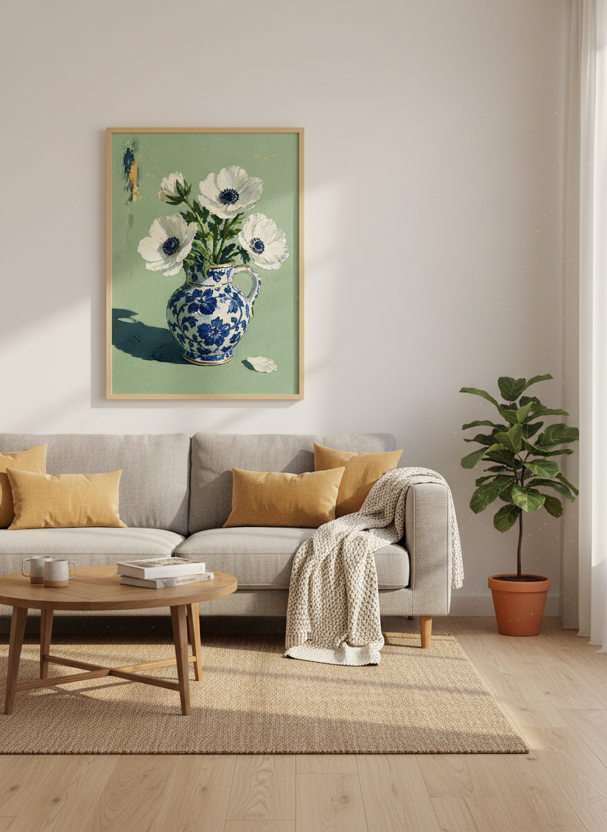 White Anemone | Blue and White Chinoiserie Vase Art, Sage Green Office Decor