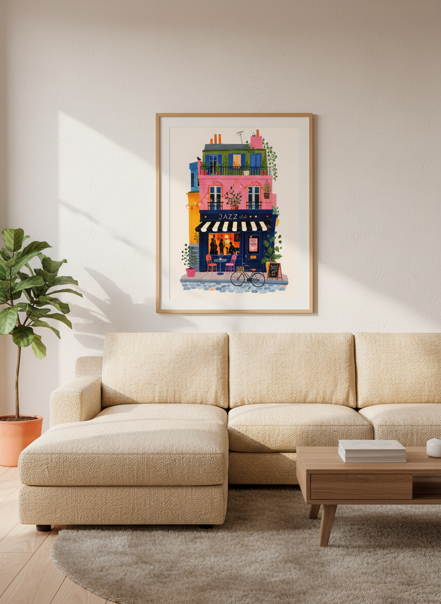 Jazz Club Cafe Wall Art | Colorful City Street Poster, Music Room Decor