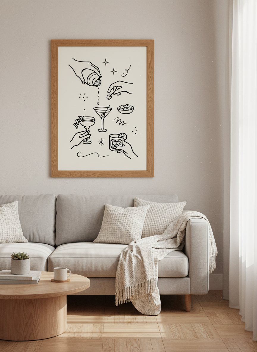Cocktail Line Art Print | Bar Cart Decor | Minimalist Kitchen Wall Art