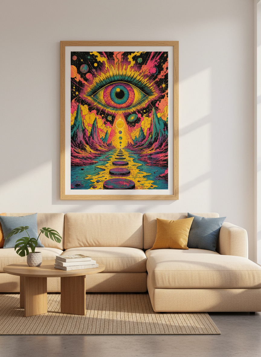 Psychedelic Eye Cosmic Landscape Wall Art | Trippy Neon Poster | Surreal Home Decor