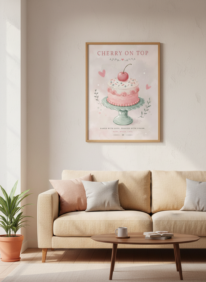 Cherry Cake Painting | Pink Pastel Watercolor, Kitchen & Nursery Wall Art Print