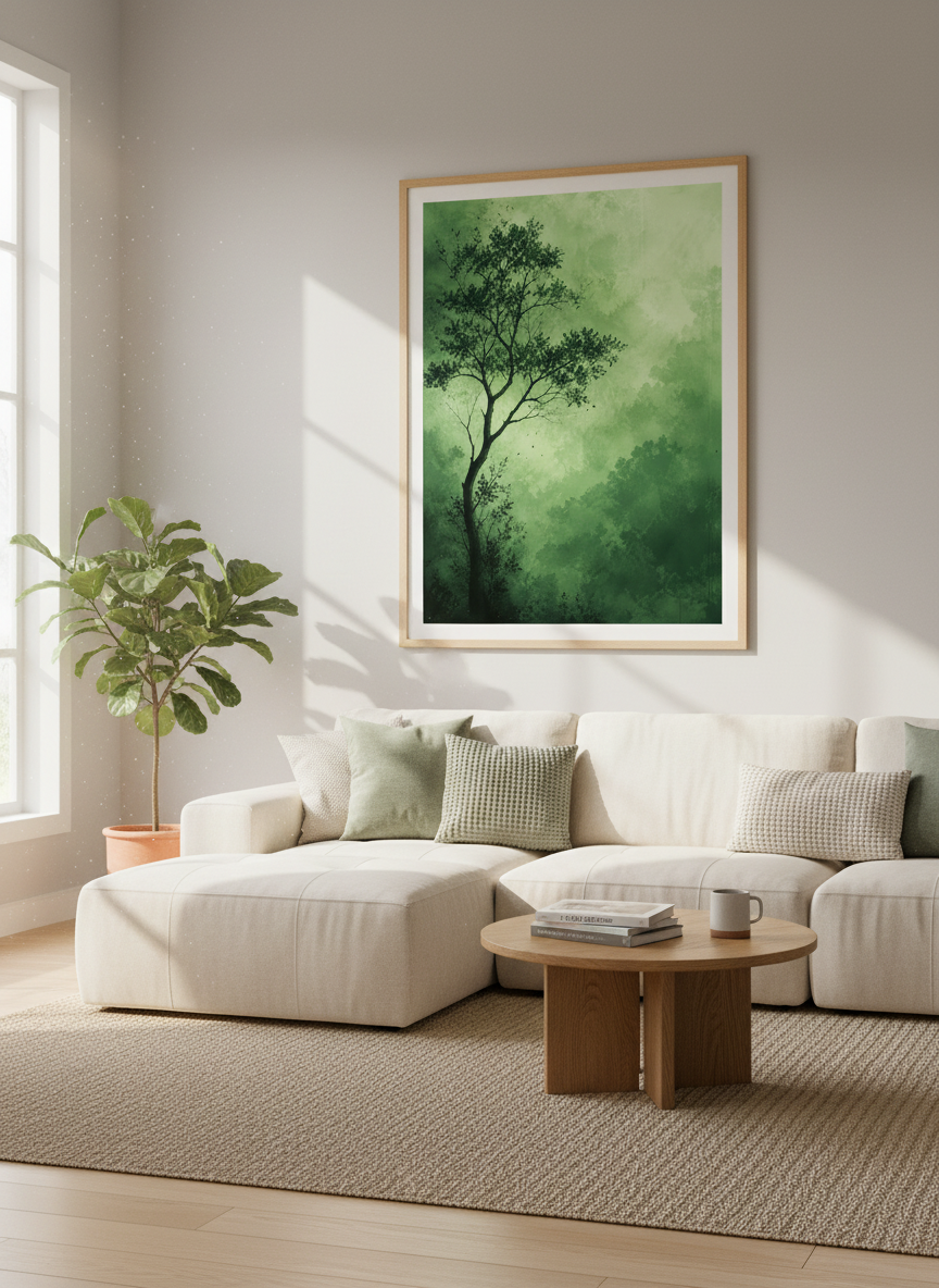 Misty Forest Tree Wall Art | Green Landscape Poster, Zen Bedroom Decor