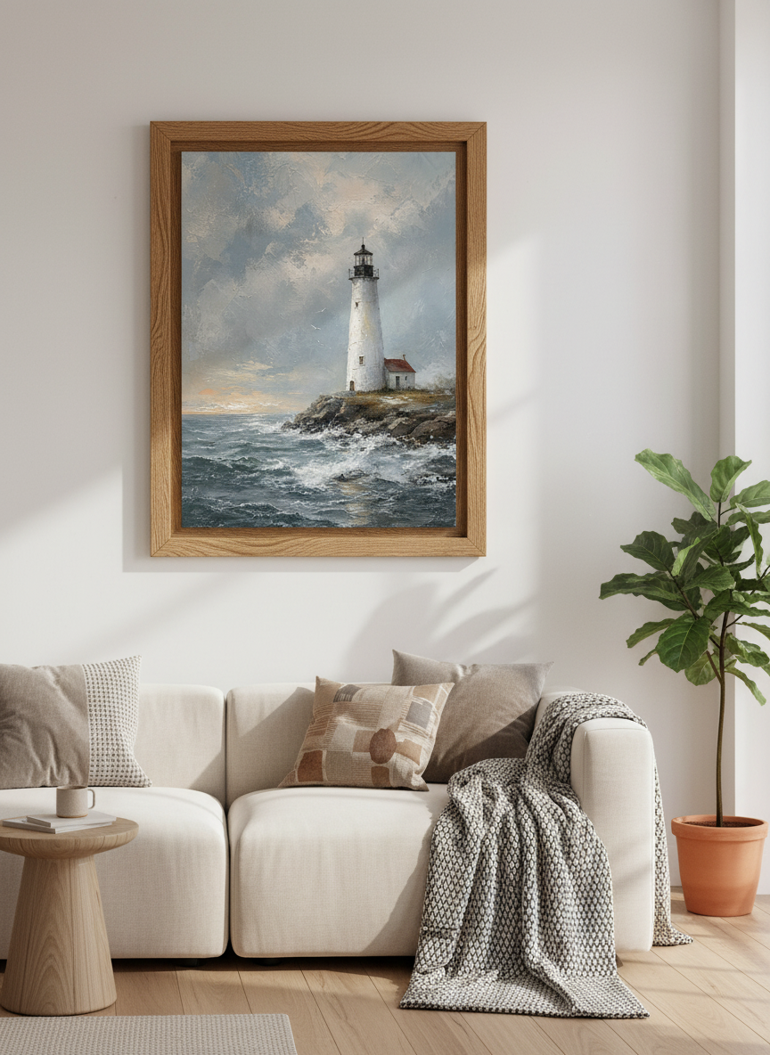 Lighthouse Oil Painting Print | Coastal Wall Art, Nautical Impressionist Poster