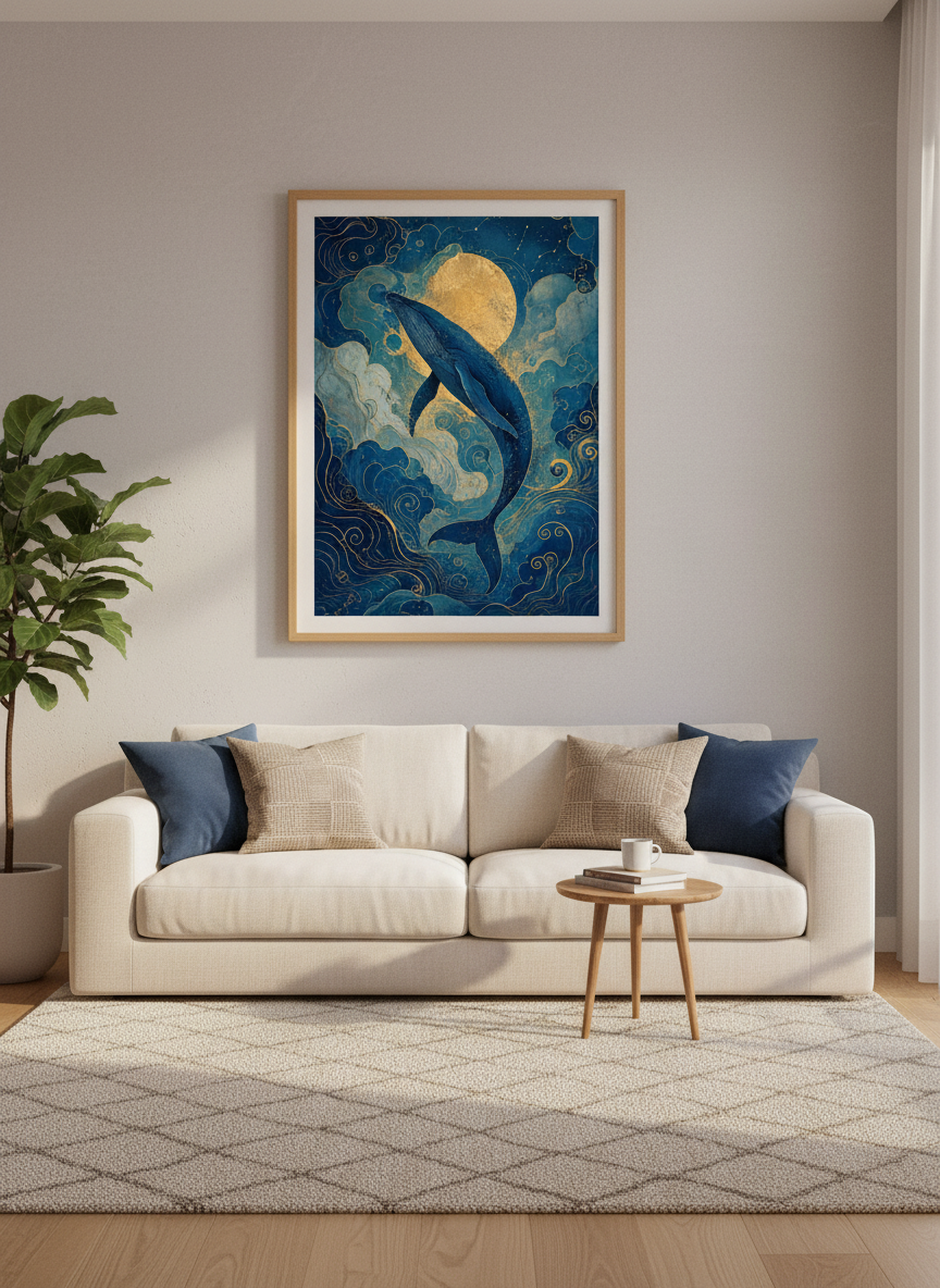 Celestial Whale Wall Art | Gold Moon Navy Poster | Ethereal Bedroom Decor