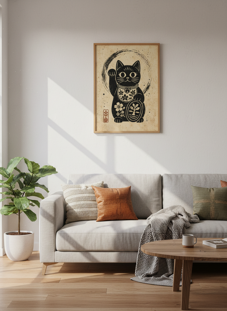 Maneki Neko Lucky Cat Art | Japanese Linocut Style, Black & Beige Zen Decor
