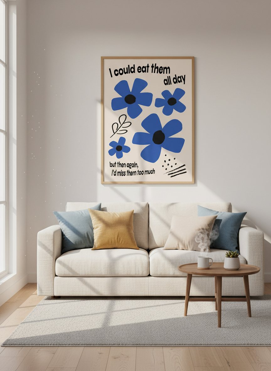 Blue Flower Abstract Quote Wall Art Print | Funny Kitchen Decor | Bold Floral Poster