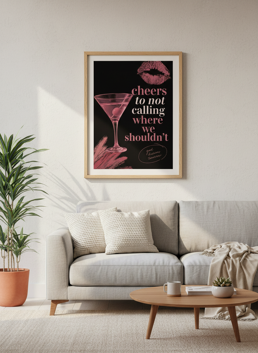Funny Cocktail Print | Martini Quote Art, Bar Cart Decor, Pink Lips Wall Art