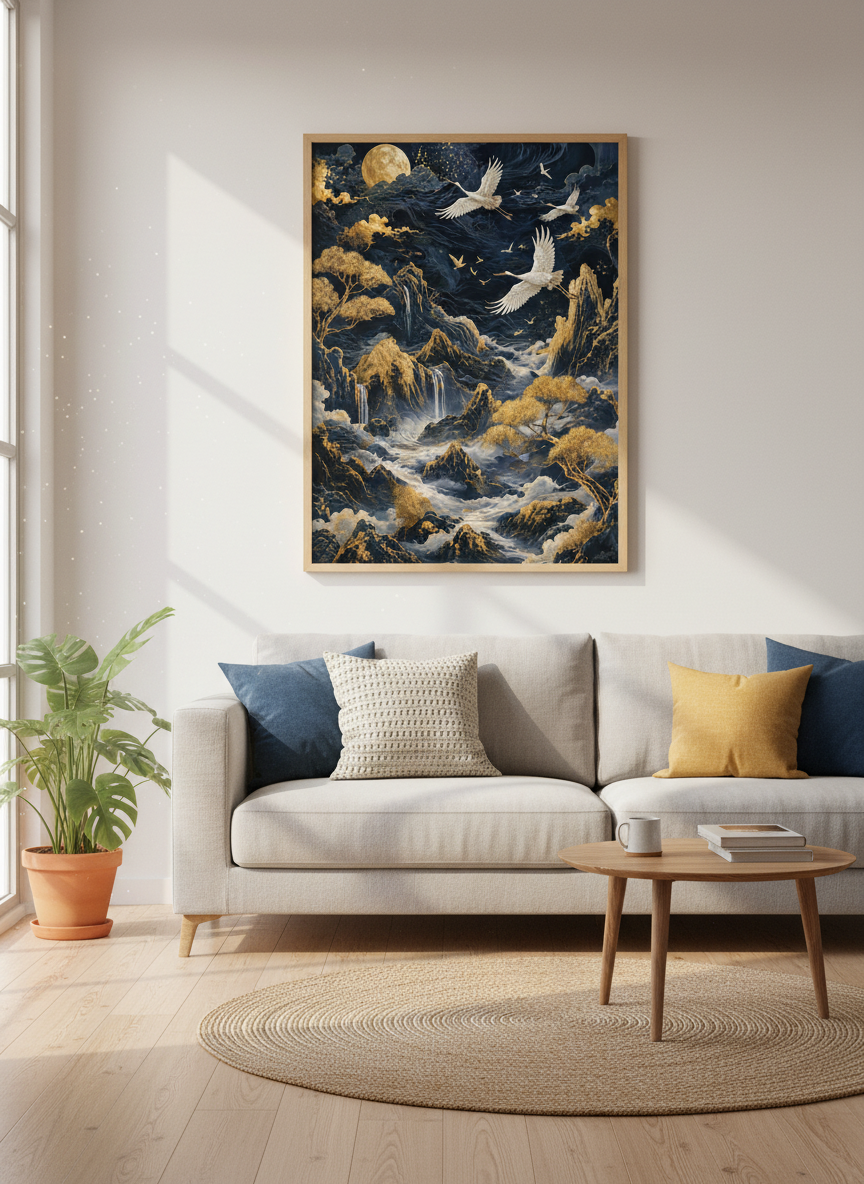 Japanese Crane Wall Art Print | Navy Gold Mountain Decor | Zen Landscape Poster