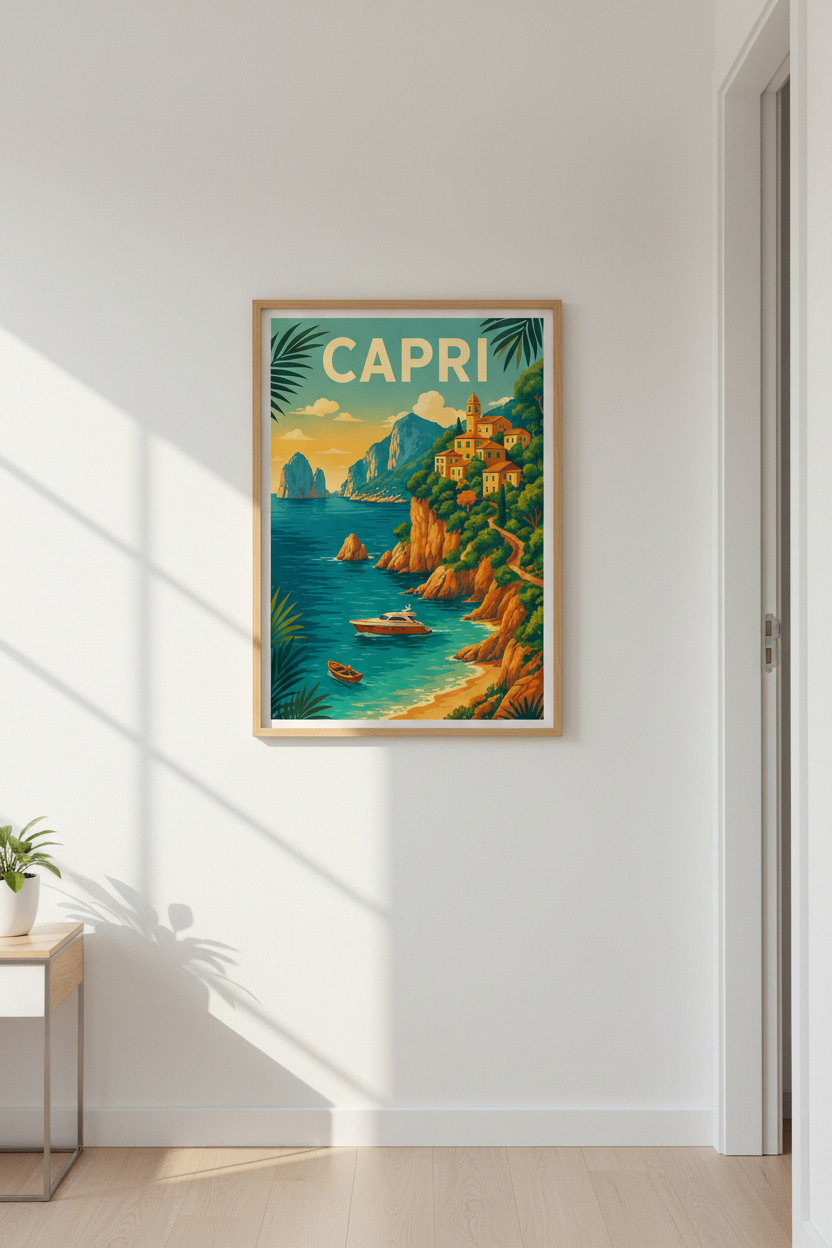 Retro Travel Capri Wall Art Print | Coastal Home Decor | Italian Riviera Aesthetic Poster | Framed Unframed Digital Options