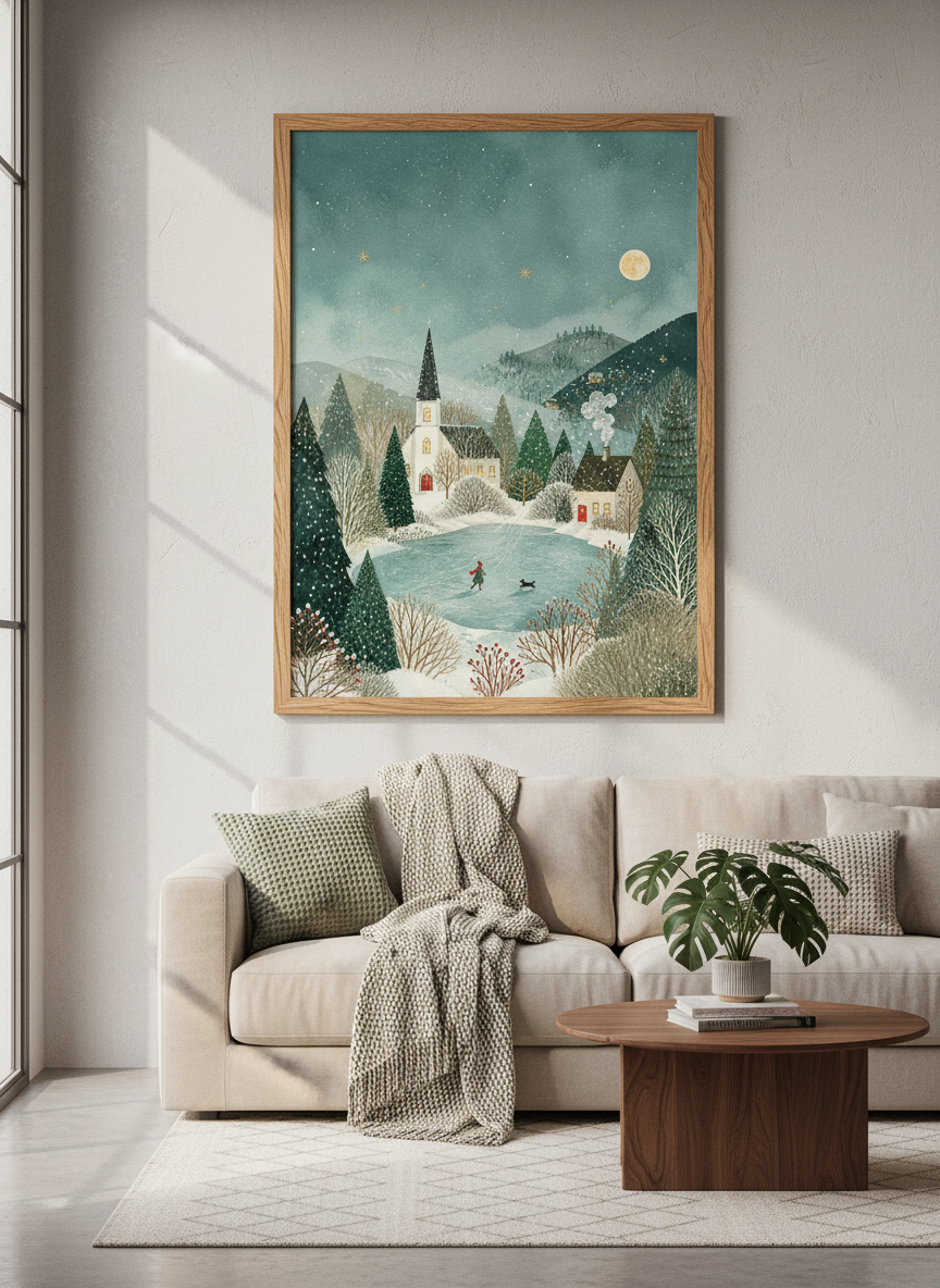 Winter Village Night Art Print | Snowy Landscape Decor | Whimsical Watercolor Poster