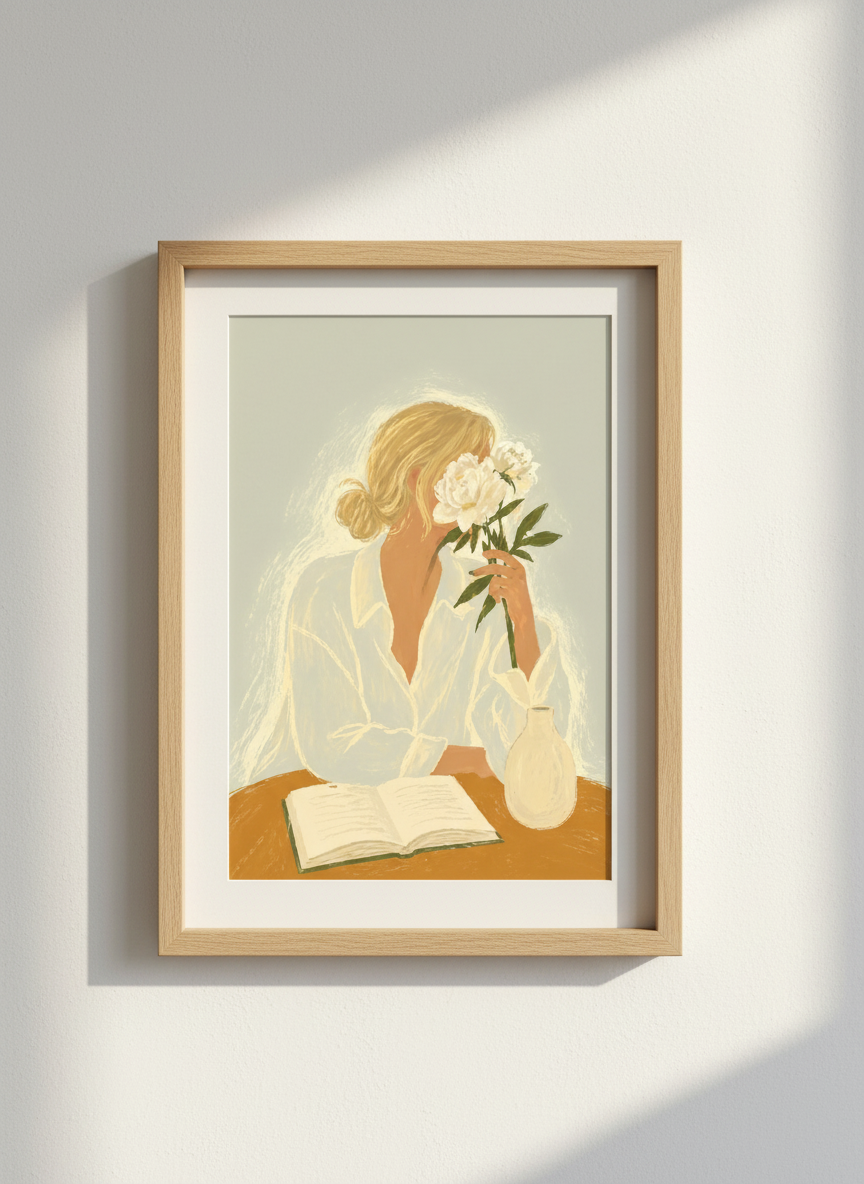 Aesthetic Woman with Peonies Art Print | Minimalist Living Room Decor | Cozy Bedroom Poster | Self-Care Gift