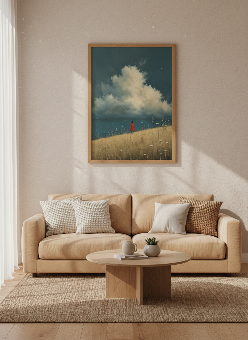 Lone Figure in Red Coat | Moody Blue Sea Landscape, Impressionist Bedroom Wall Art Poster
