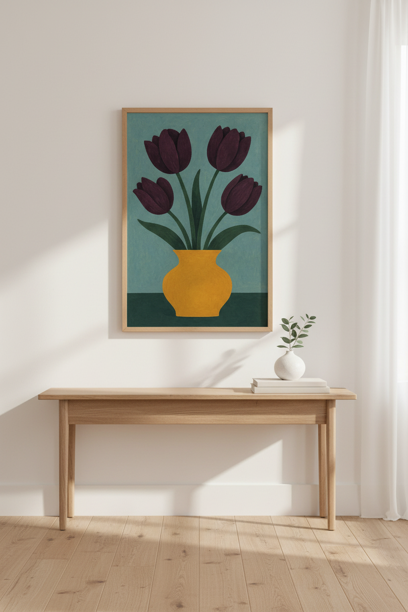 Minimalist Floral Framed Wall Art | Deep Purple Tulips in Vase Poster | Modern Boho Living Room Decor | Ready to Hang Art Print
