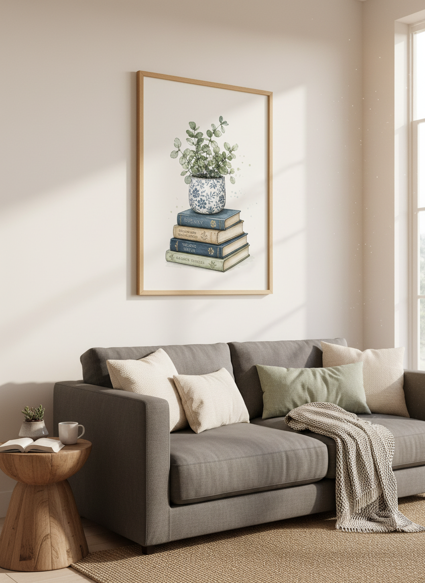Botanical Book Stack Print | Watercolor Library Decor | Dark Academia Poster
