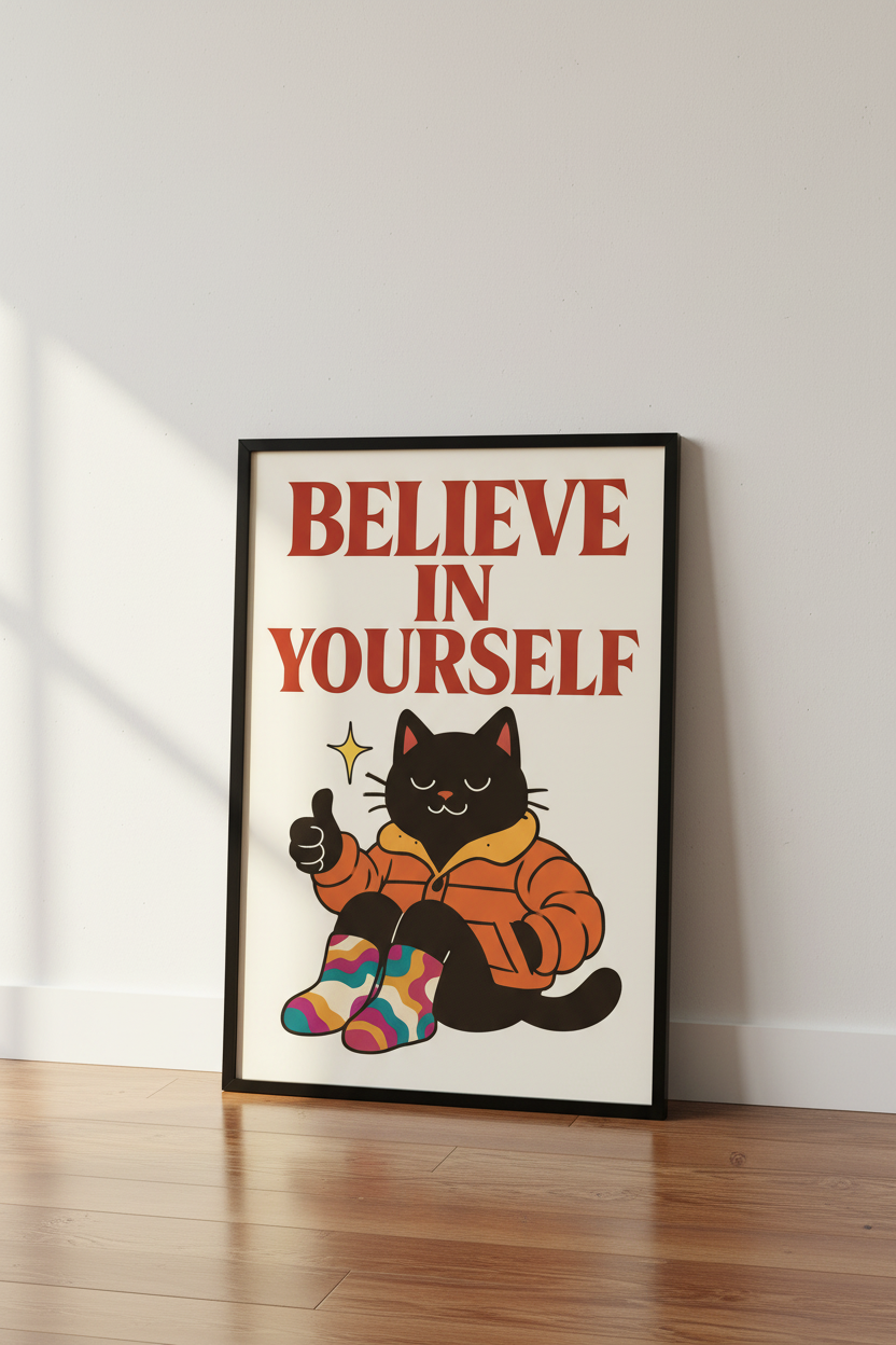 Retro Cat Motivational Wall Art Print | Believe In Yourself Poster | Mid-Century Modern Room Decor | Groovy Cat Art