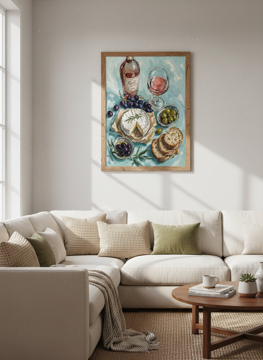Rosé Wine & Cheese Still Life Wall Art | Kitchen Decor | Impressionist Poster