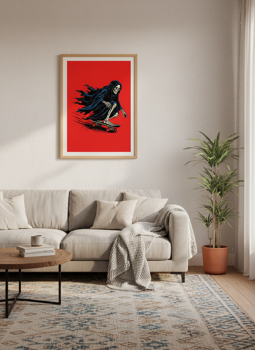 Grinning Skater Skeleton Art | Red Skateboard Grim Reaper Wall Decor | Dark Academia Goth