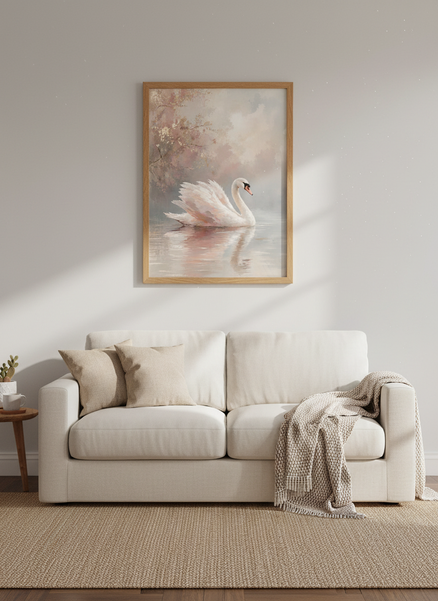 White Swan | Blush Pink & Gold Leaf Painting, Romantic Nursery & Bedroom Wall Art