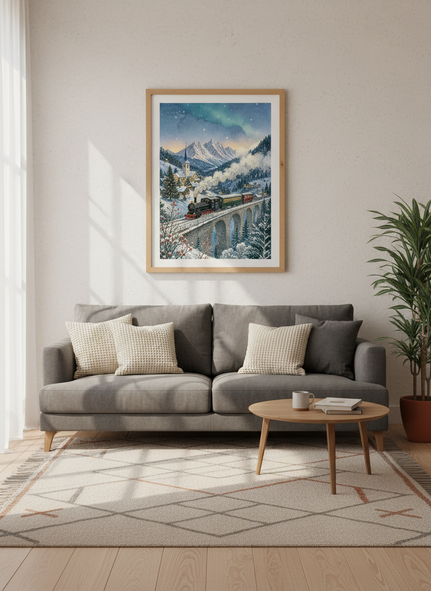Winter Village Train Wall Art Print | Alpine Snowy Mountain Decor | Nostalic Poster