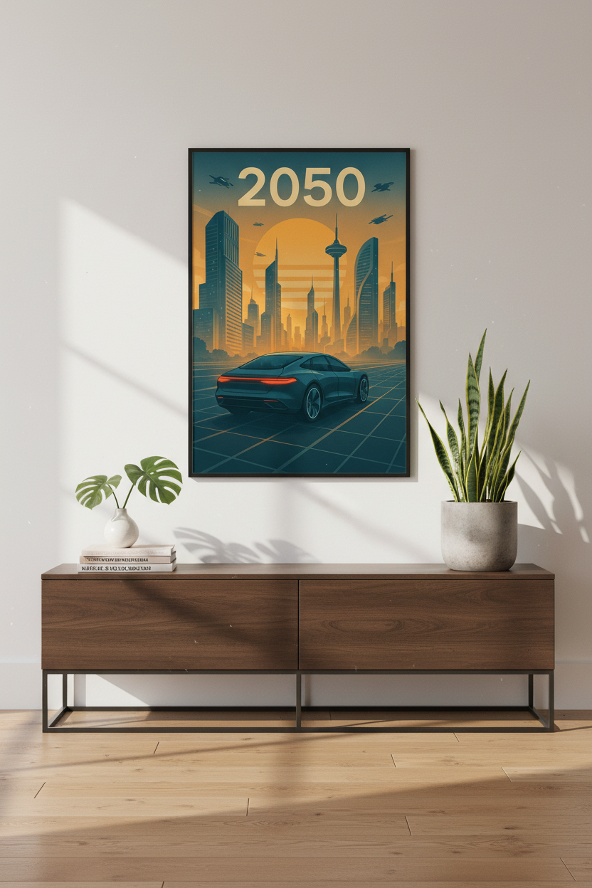 Futuristic Cityscape Wall Art Print | Cyberpunk Decor | Retro Future Poster | Sci-Fi Office Art | 2050 Car Aesthetic