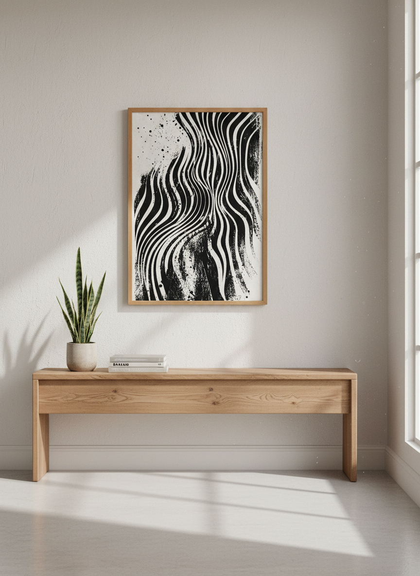 Abstract Wavy Lines Wall Art | Black and White Ink Poster, Modern Office Decor