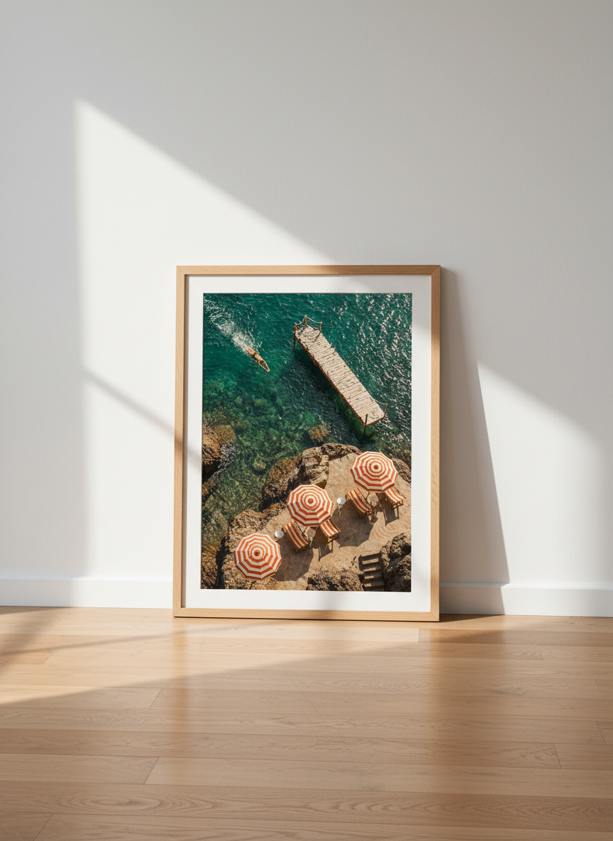 Coastal Italian Travel Wall Art Print | Vibrant Ocean Home Decor | Orange Beach Umbrella Aesthetic Poster, Unframed, Framed, Digital