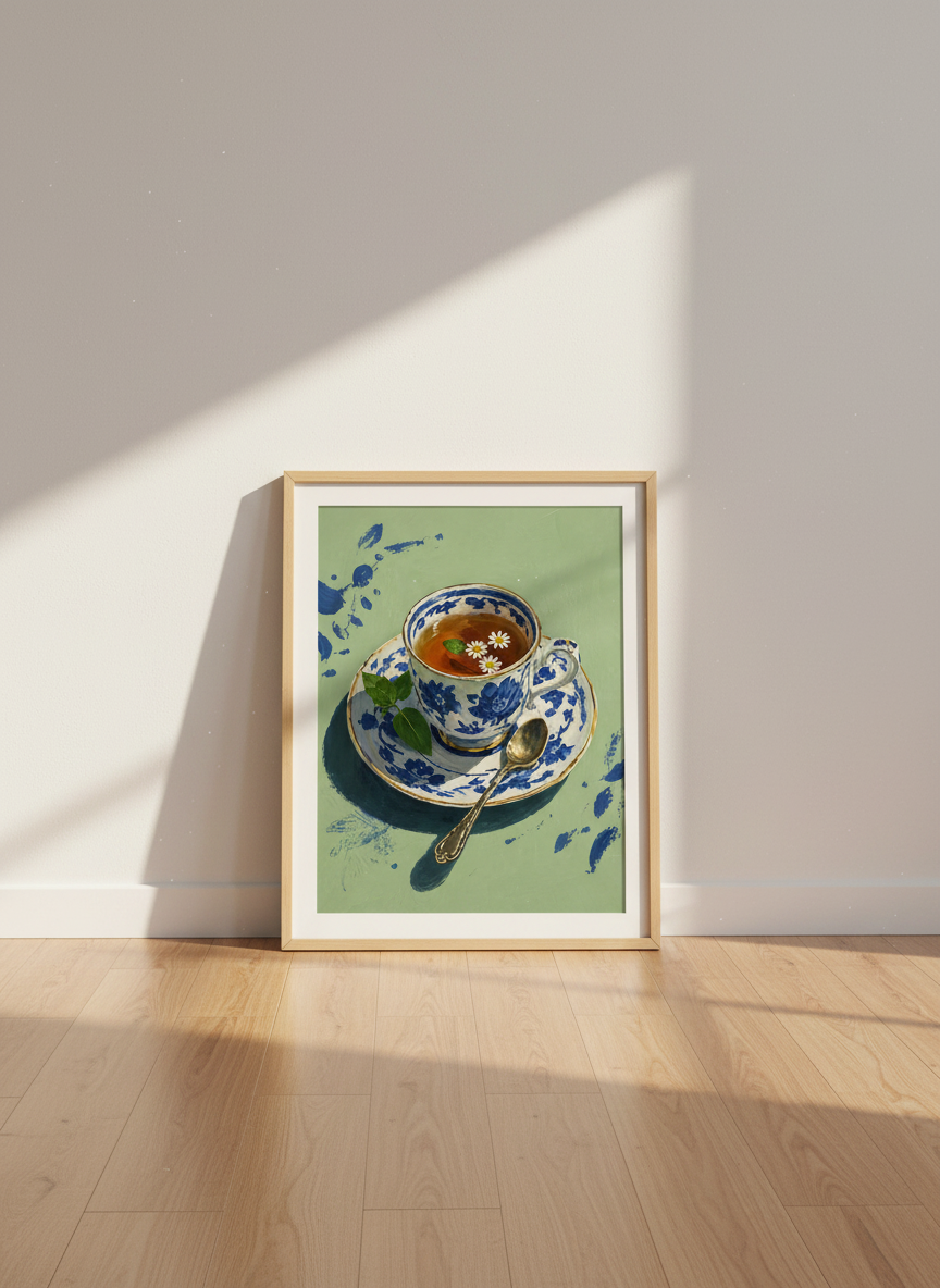 Floral Tea Cup Wall Art | Blue and White Porcelain, Sage Green Kitchen Decor