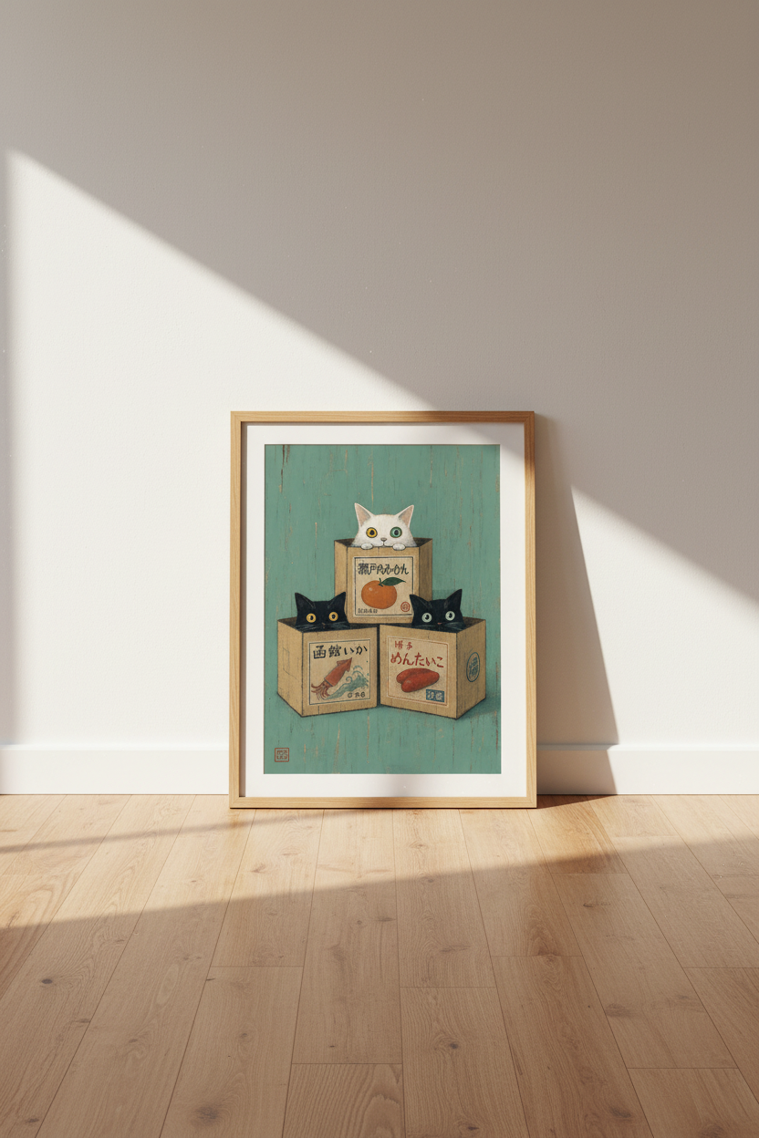 Japanese Cats in Boxes Art Print | Retro Kitchen Decor | Kawaii Aesthetic Poster