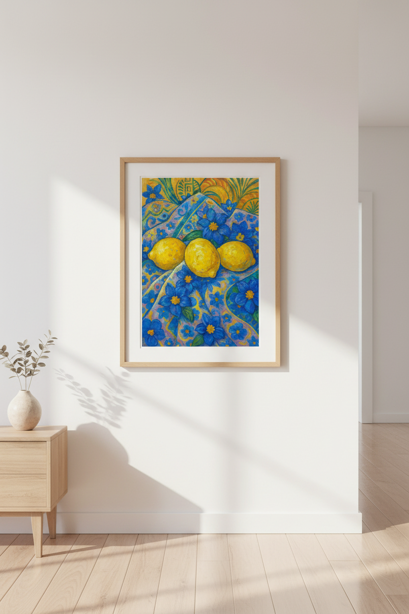 Vibrant Lemon Still Life Framed Wall Art | Kitchen Decor | Mediterranean Aesthetic Framed Poster Print