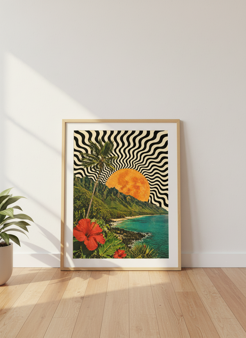 Psychedelic Tropical Sunset Wall Art Print | Boho Living Room Decor | Retro Ocean Poster | Wavy Black & White
