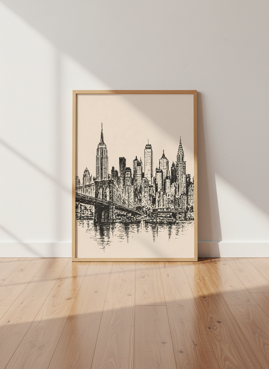 Brooklyn Bridge New York City Skyline Wall Art Print | NYC Abstract Cityscape Decor | Minimalist Ink Sketch Poster