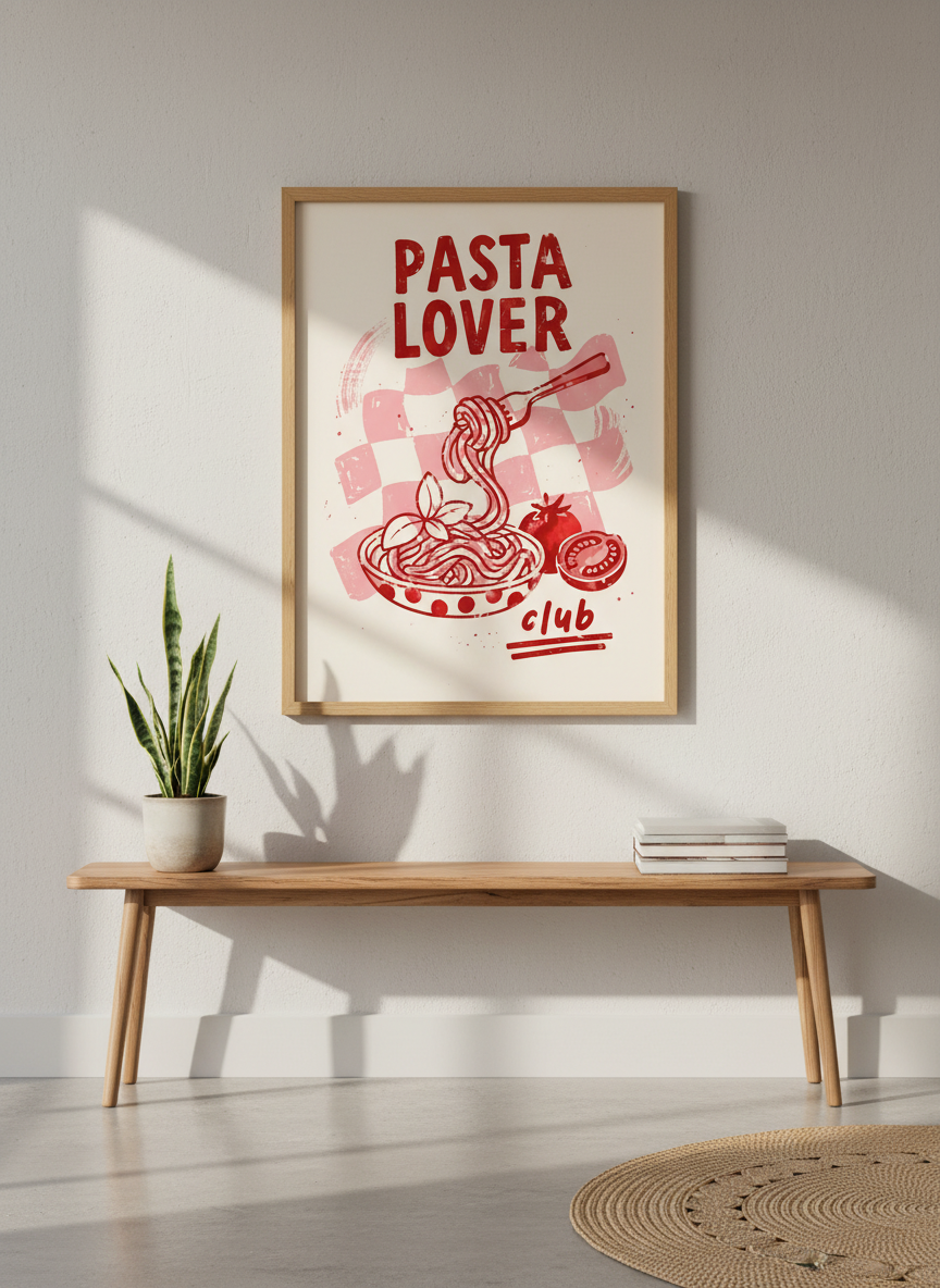 Pasta Lover Club Art Print | Red Kitchen Decor | Retro Foodie Poster