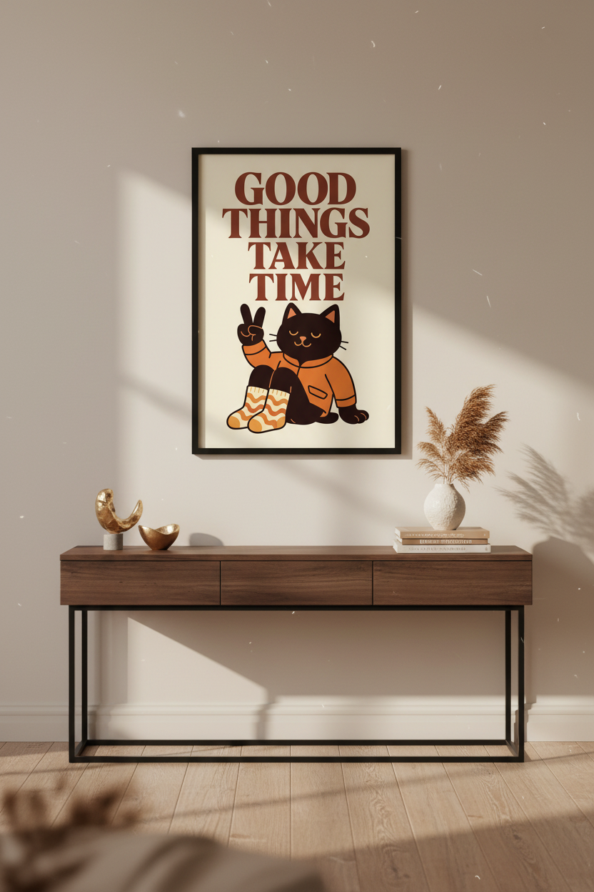 Retro Cat Wall Art Print | Good Things Take Time Poster | Mid Century Modern Nursery Decor | Kawaii Animal Quote Print