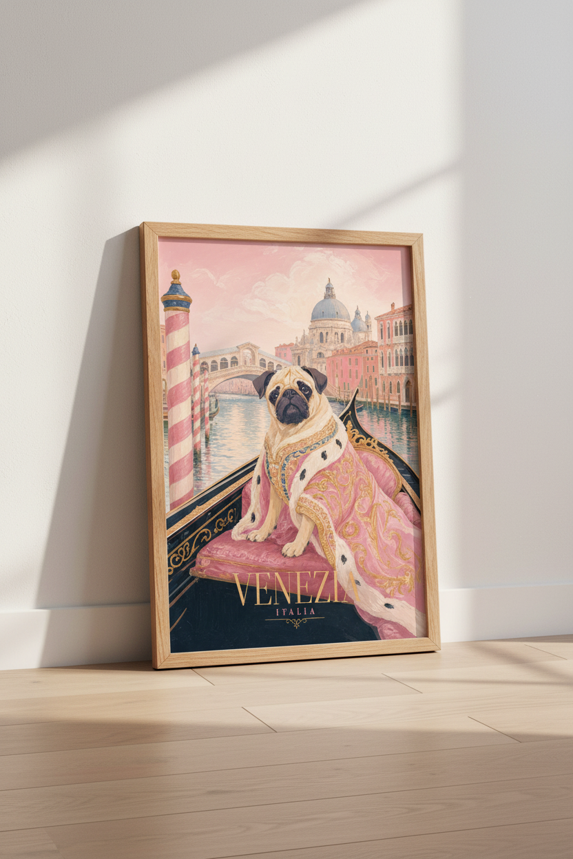 Regal Pug in Venice Wall Art Print | Pink Italian Decor | Whimsical Pet Poster