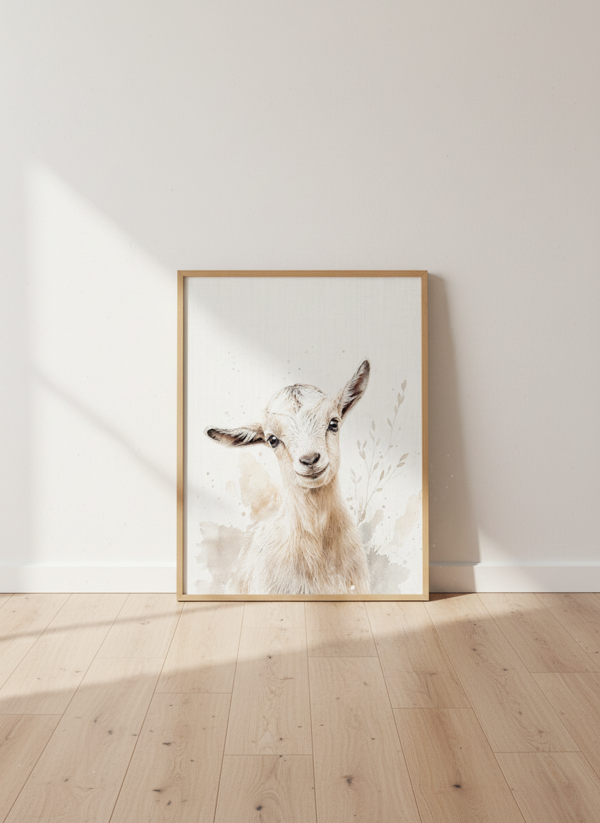 Cute Baby Goat Wall Art | Neutral Watercolor Animal Nursery Decor | Farmhouse Poster