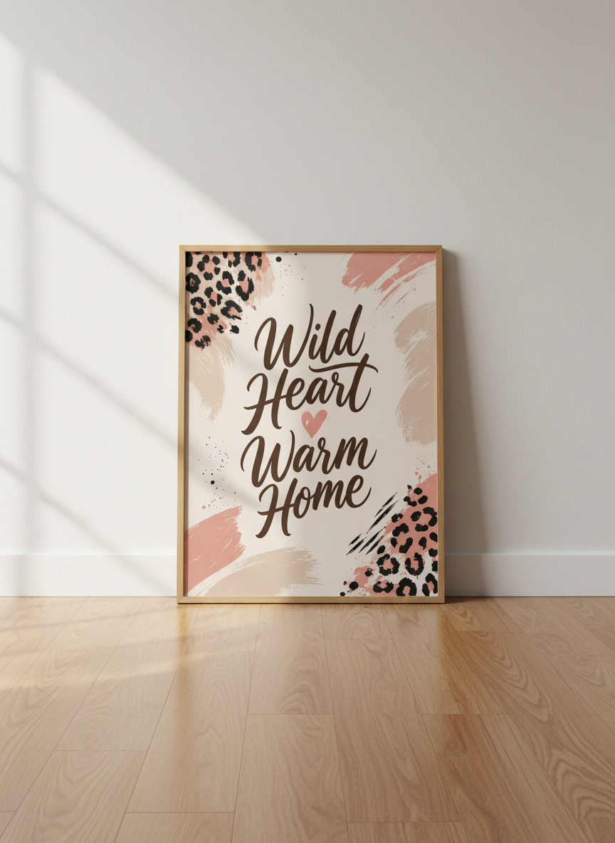 Wild Heart Warm Home Art | Leopard Print Beige Pink Minimalist Wall Decor | Boho Quotes