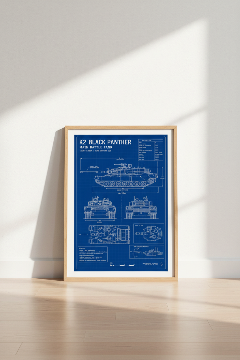 K2 Black Panther Tank Blueprint Wall Art | Military Decor | Blue Technical Poster