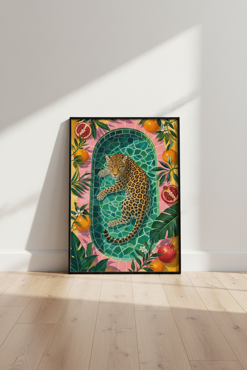 tropical leopard art | Poolside Illustration, Living Room Decor