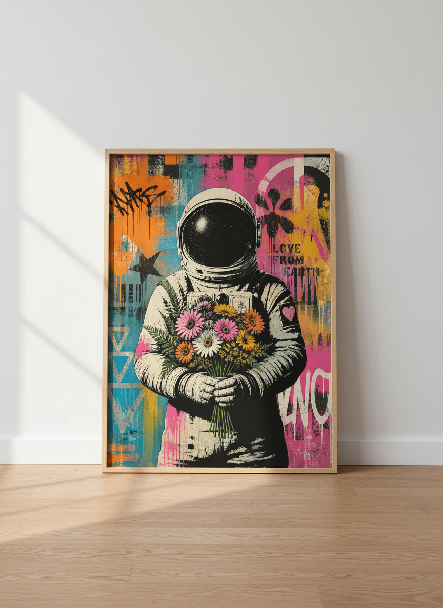 Astronaut with Flowers Street Art | Graffiti Pop Poster, Gamer Room Decor