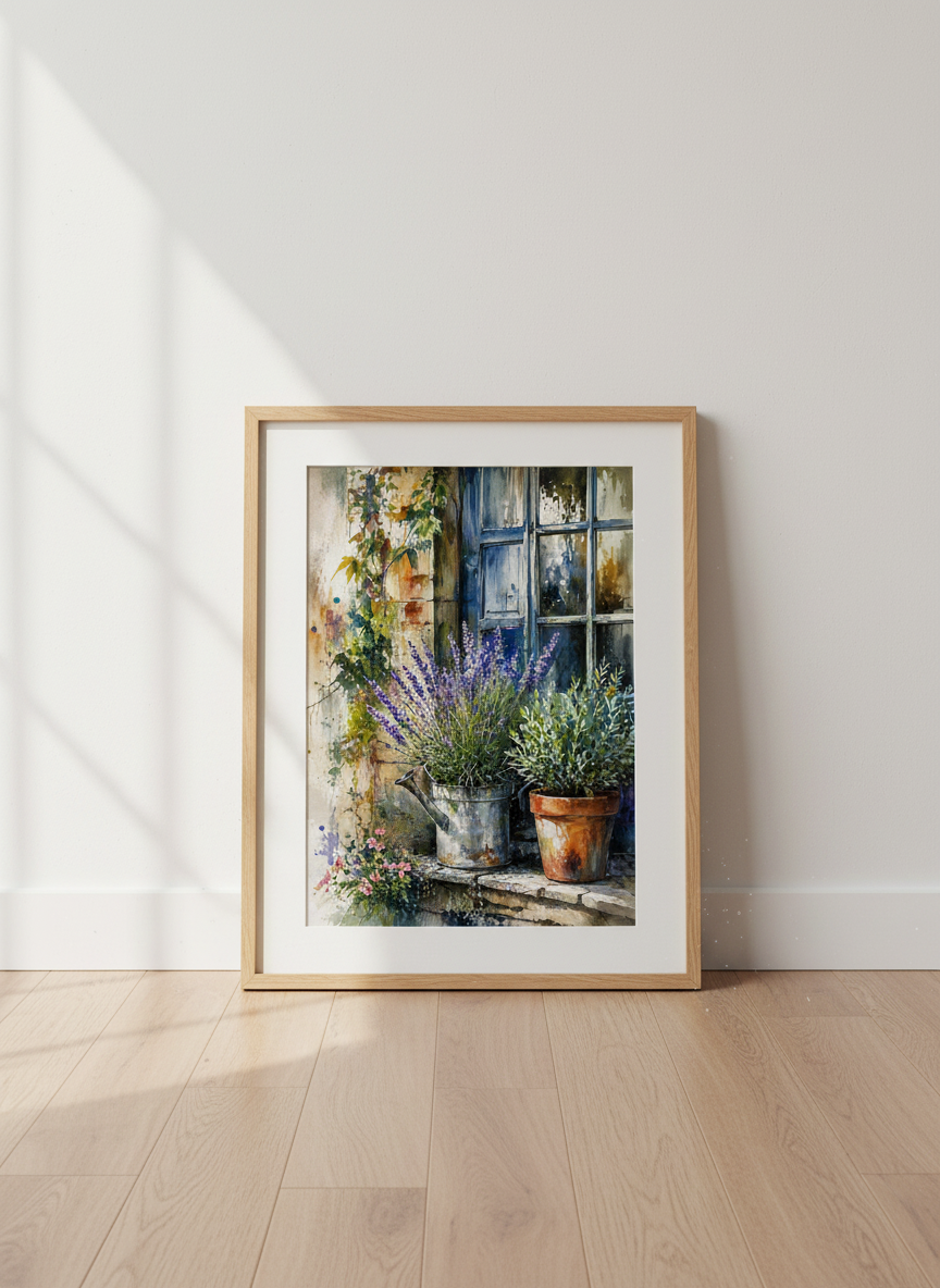 Lavender Garden Watercolor Print | Rustic Floral Wall Art, Farmhouse Botanical Poster