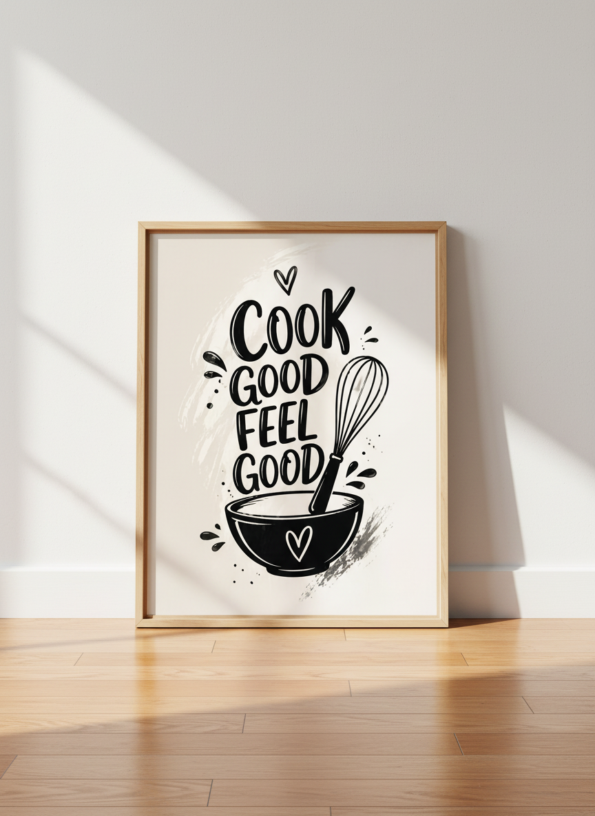 Kitchen Quote Art | "Cook Good Feel Good" Whisk Bowl Print, Bakery Decor