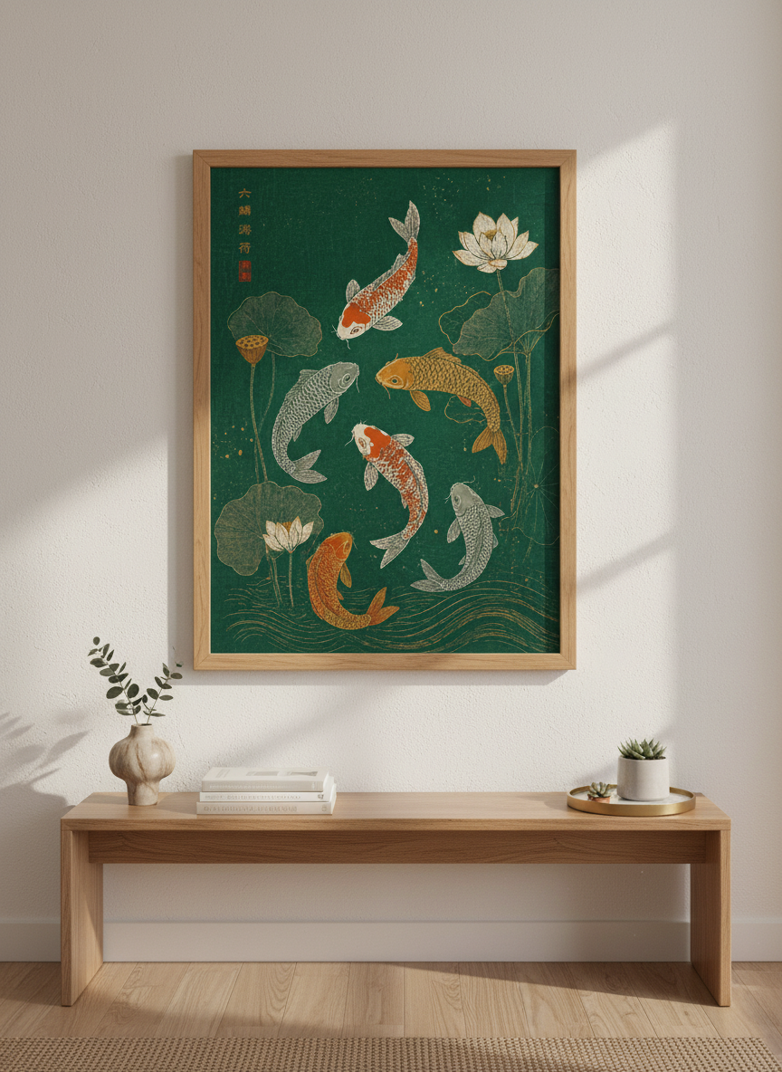 Koi Fish Pond Wall Art | Emerald Green Japanese Style Print, Zen Living Room Decor