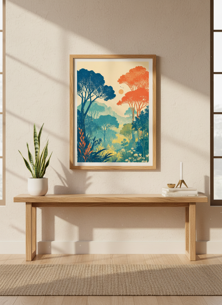 Modern Forest Landscape Art | Teal & Orange Mid Century Poster, Nature Wall Decor