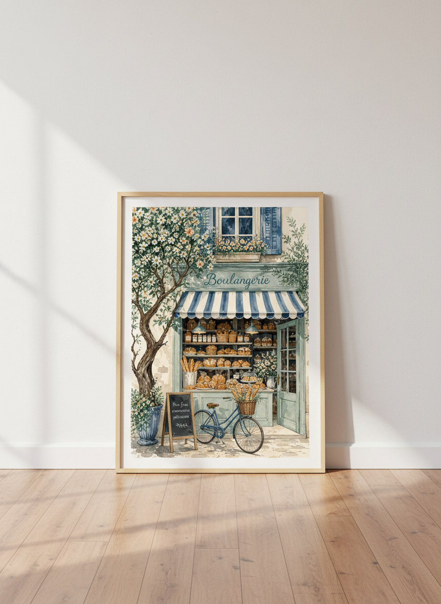 French Bakery Watercolor Print | Teal & Cream Kitchen Decor | Parisian Cafe Poster