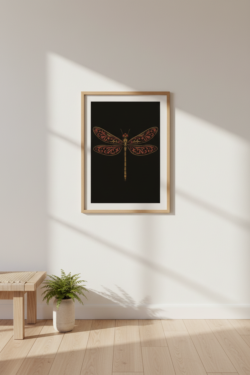 Intricate Dragonfly Wall Art Print | Boho Bedroom Decor | Rustic Gold & Red Framed Wall Art, Ready to Hang Abstract Insect Poster